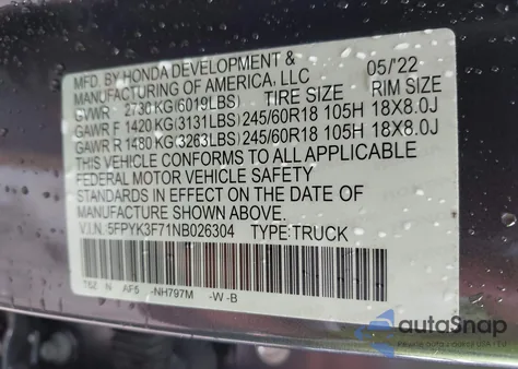 2022 Honda Ridgeline Rtl-E z USA, uszkodzony, nr VIN 5FPYK3F71NB026304